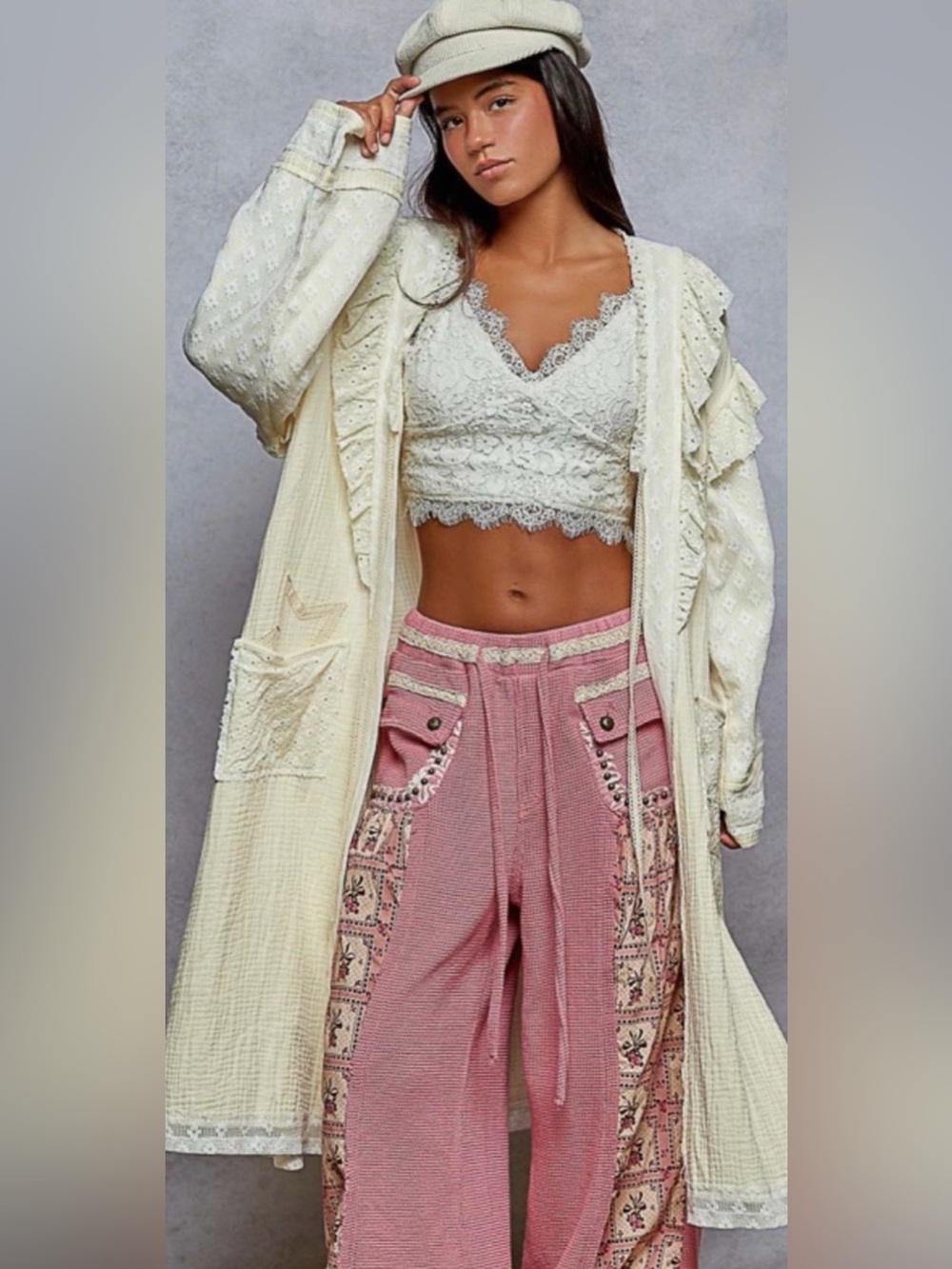 POL Double Gauze Star  Patchwork Lace Duster in Ivory by POL